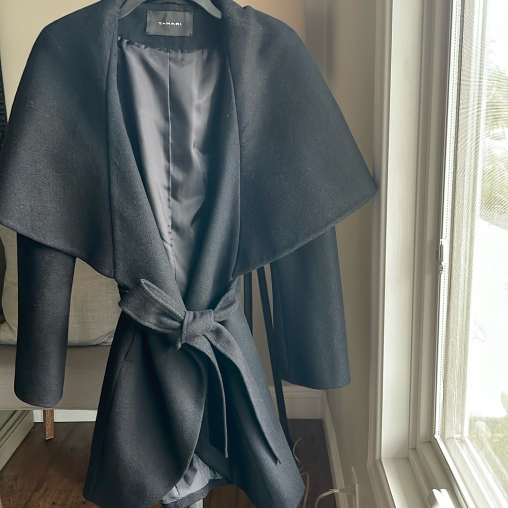 Super cute Tahari black wool wrap coat with a shawl collar/hood